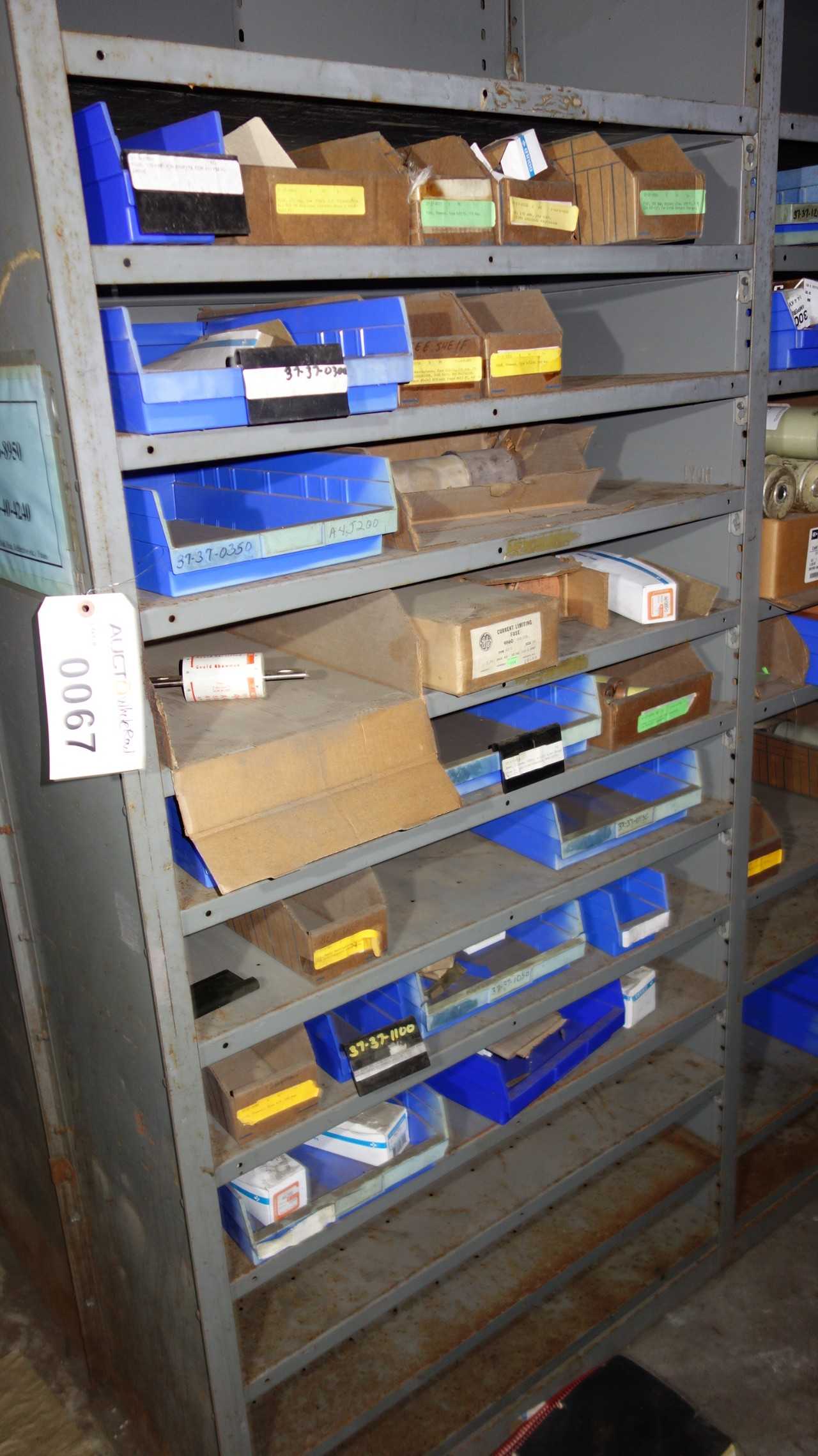 CONTENTS OF 7 SECTIONS OF SHELVING, FUSES, GE DRIVES - SHELVING
