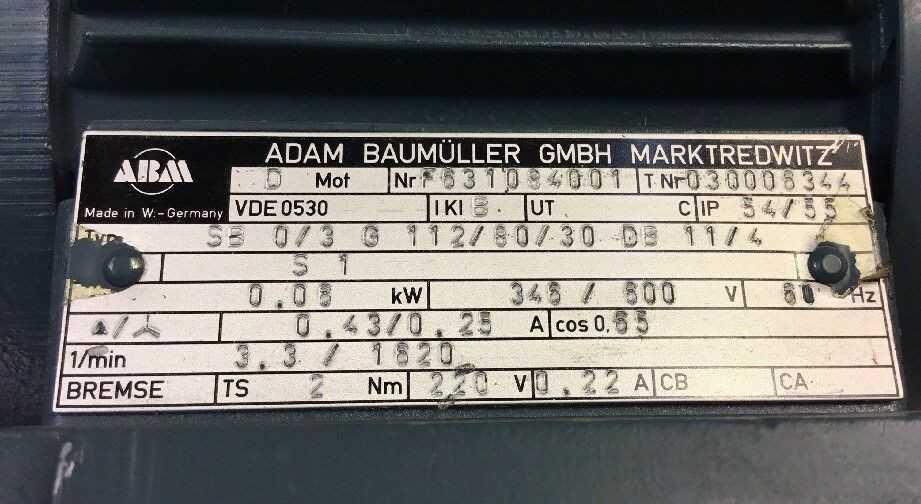Adam Baumuller G.M.B.H. VDE 0530 SB 0/3 G 112/80/30 DB 11/4 Motor/Gearbox - Used - Bench Tested - ELECTRIC MOTORS