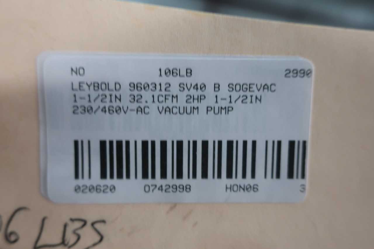 LEYBOLD 960312 SV40 B SOGEVAC 1-1/2IN 32.1CFM 2HP 1-1/2IN 230/460V-AC VACUUM PUMP - VACUUM PUMP