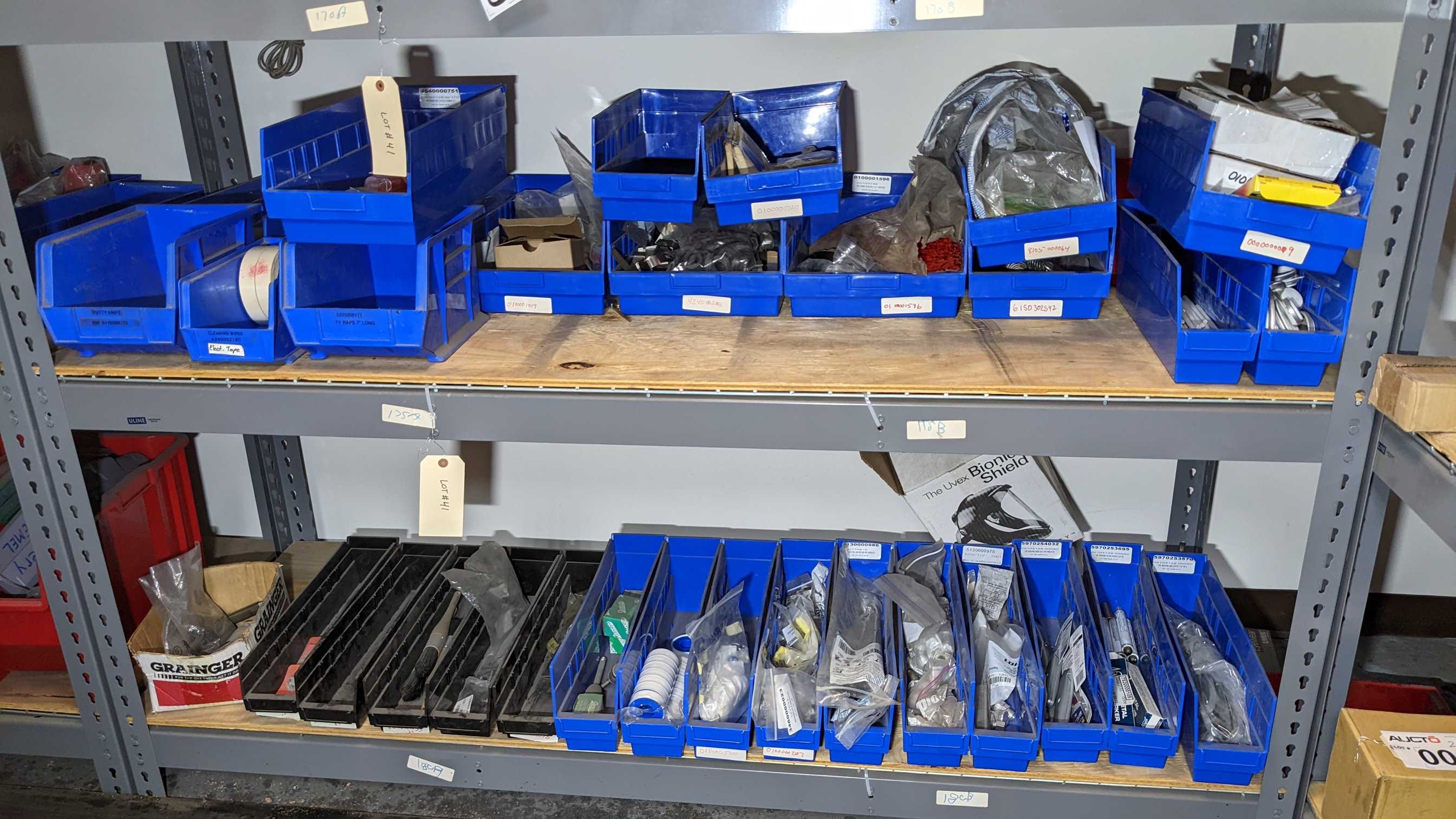 LOT OF 4 SECTIONS OF SHELVING CONTENTS CONTAINING SMALL TOOLS, CONSUMABLES - INDUSTRIAL PARTS