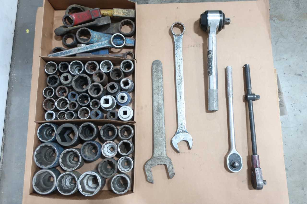 PALLET OF ASSORTED JUMBO SOCKETS, RATCHETS AND WRENCHES - HAND TOOLS