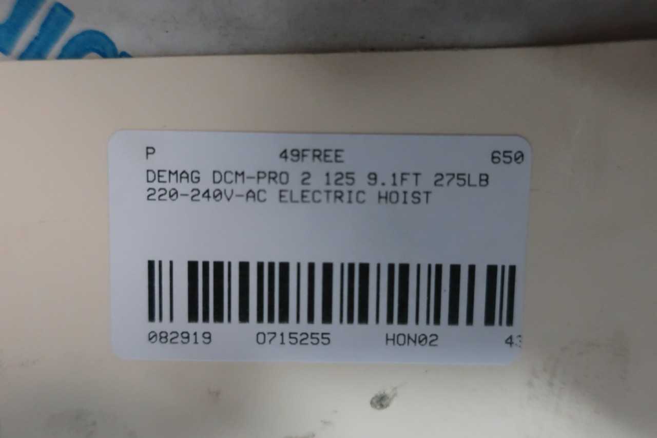 DEMAG DCM-PRO 2 125 9.1FT 275LB 220-240V-AC ELECTRIC HOIST - LIFTING EQUIPMENT