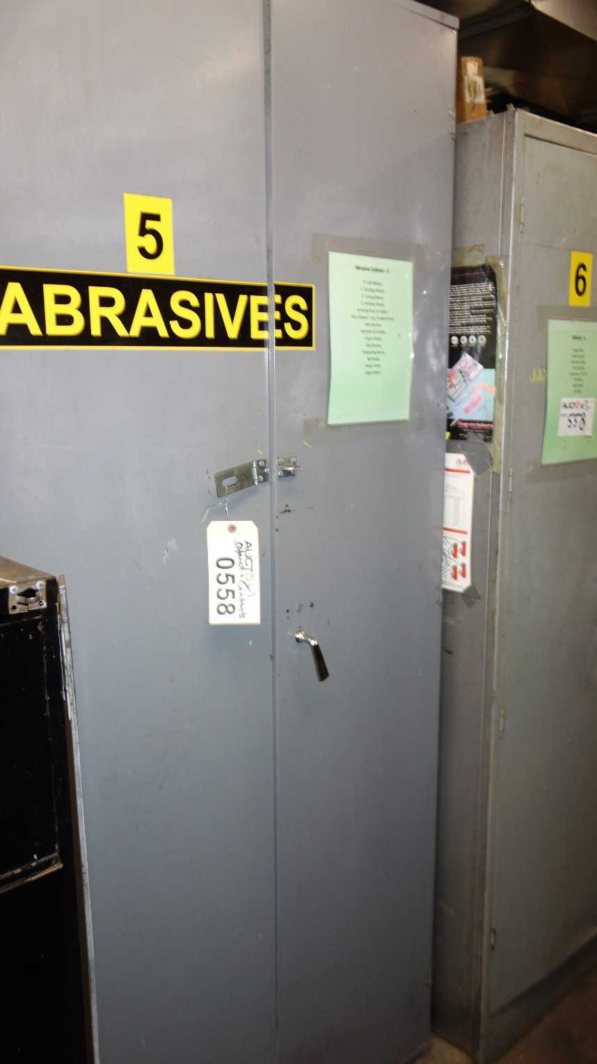 LOT OF 3 STORAGE CABINETS WITH CONTENTS, ASSORTED GRINDING WHEELS, WELDING TORCHES, CASTERS, AND SLINGS - TOOL STORAGE