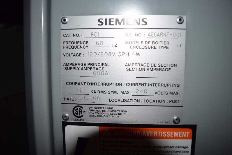 SIEMENS 1600 AMPS SWITCHGEAR - MISCELLANEOUS