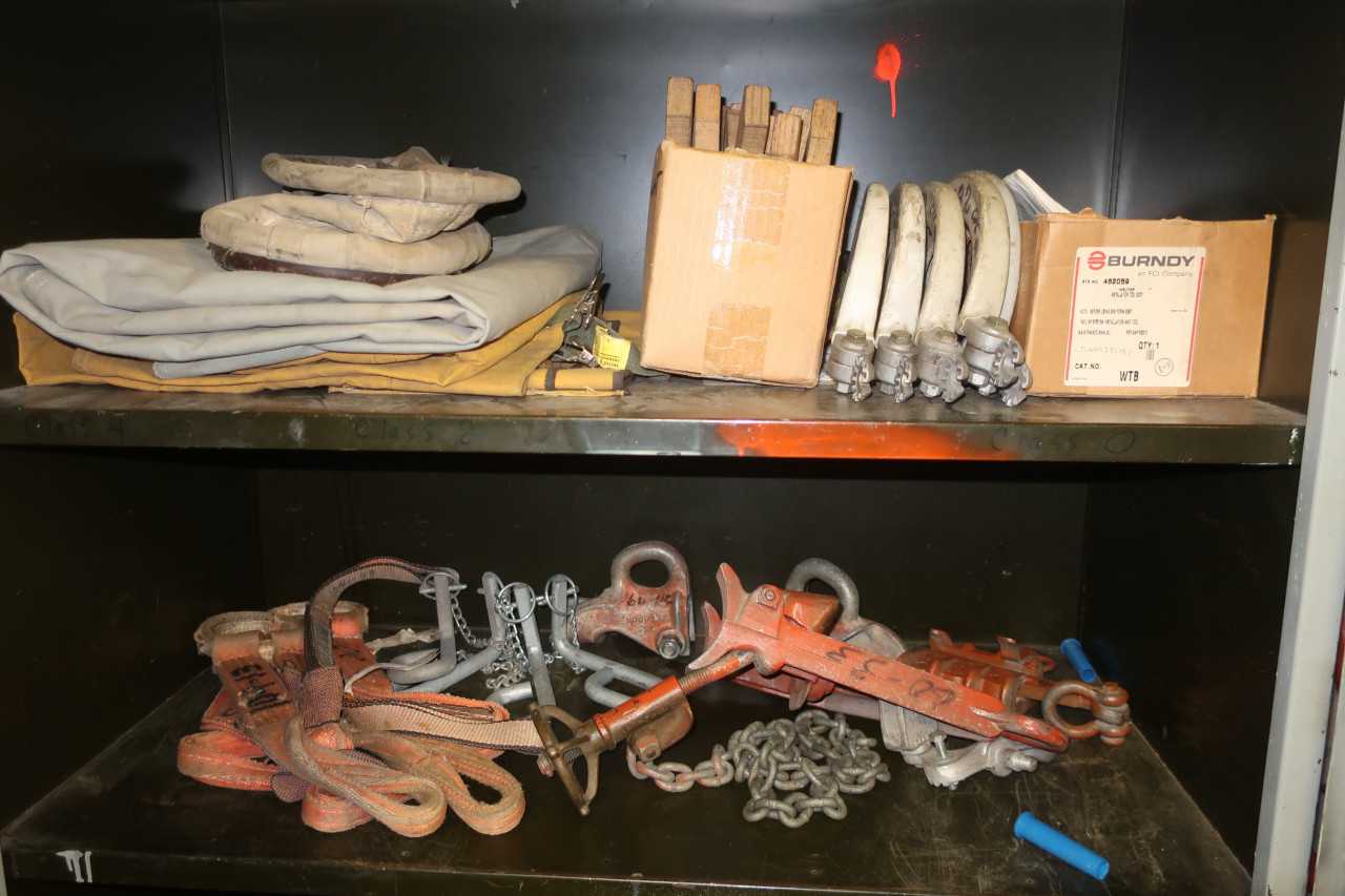 CONTENTS OF 2 SHELVES, ASSORTED HIGH VOLTAGE EQUIPMENT REPLACEMENT PARTS, BURDY WEJTAP SYSTEM CONNECTORS, SLINGS, CLAMPS - SAFETY EQUIPMENT
