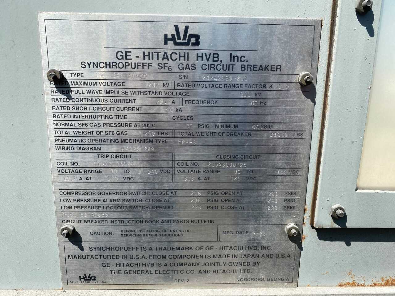GE- Hitachi HVB  242 4000 SF6 Gas Circuit Breaker - CONTROL TRANSFORMERS