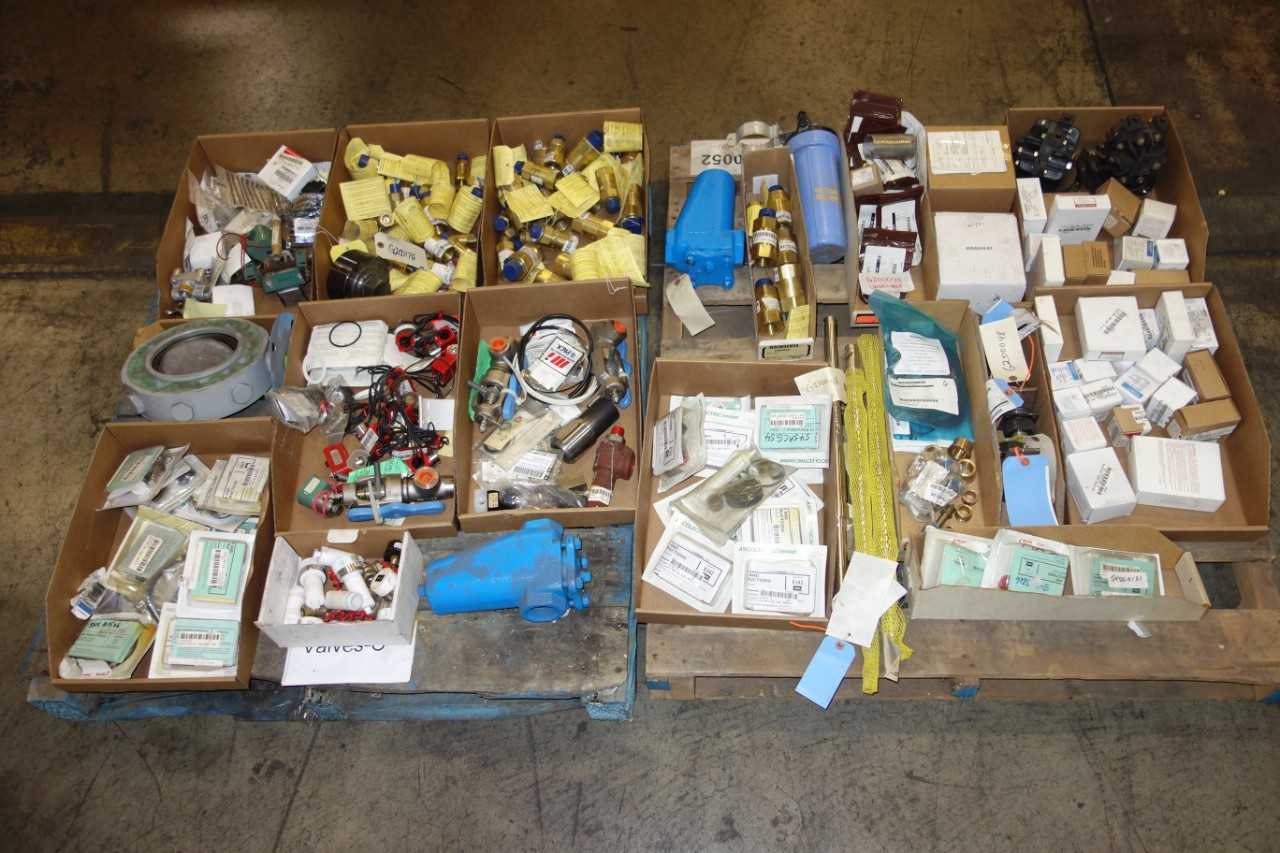 2 PALLETS OF ASSORTED PNEUMATIC VALVE REPLACEMENT PARTS- SOLENOIDS, GUAGES, STRAINERS- ASCO, ASHCROFT - VALVES