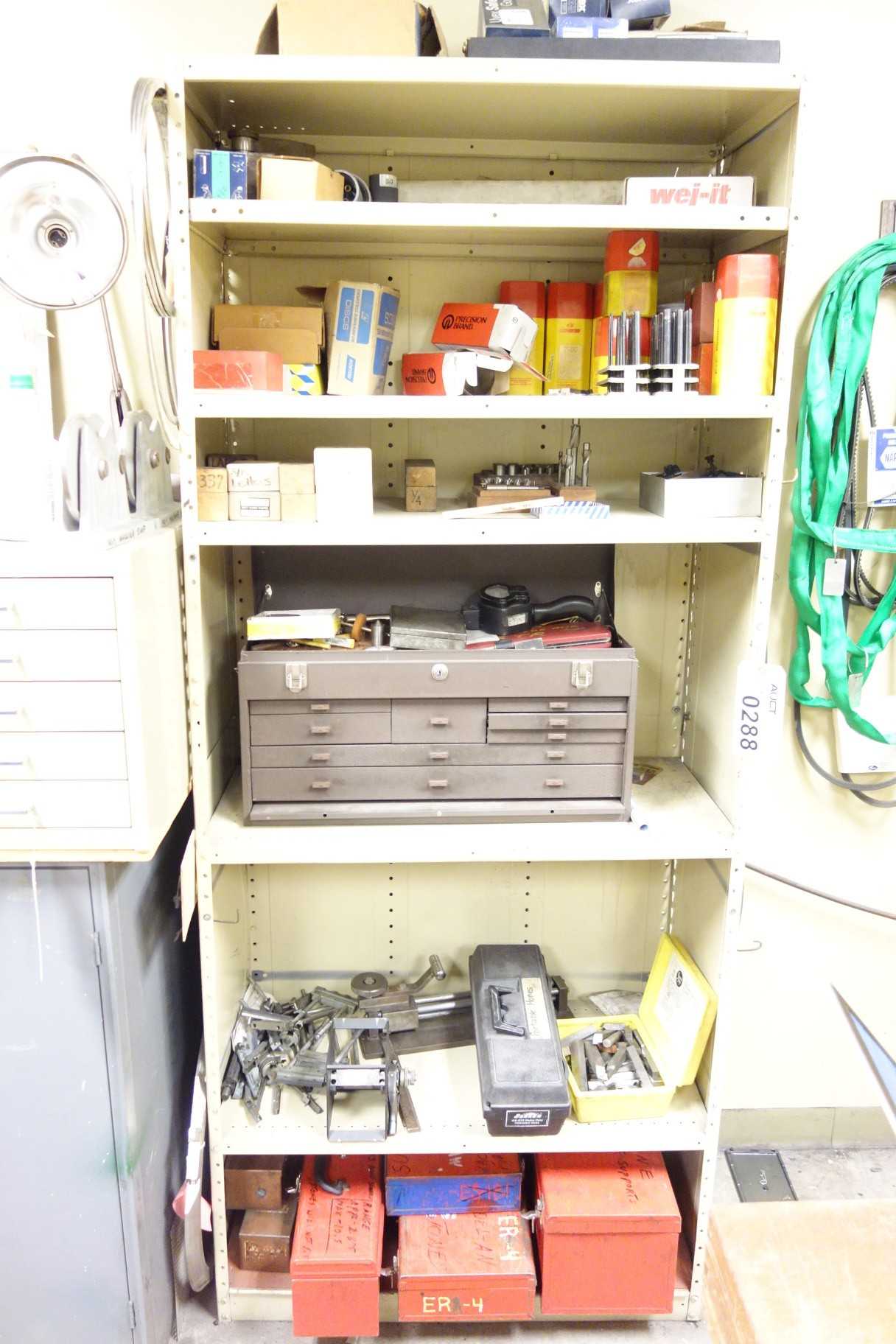 Steel shelving with calipers, micrometers, hones, and machining/milling bits - SHELVING