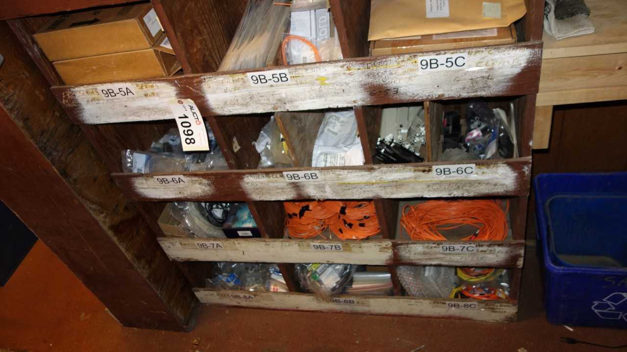 CONTENTS OF PIGEON HOLE CABINET, ASSORTED FIBER OPTIC CABLES, CLIPS, FIBER OPTIC ACCESSORIES - ELECTRICAL COMPONENTS
