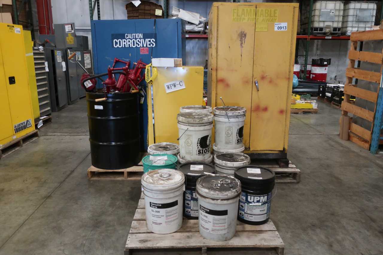 3 PALLETS OF ASSORTED TOOLS & SAFETY LUBRICANTS SAFETY CABINETS PUMPS - MISCELLANEOUS