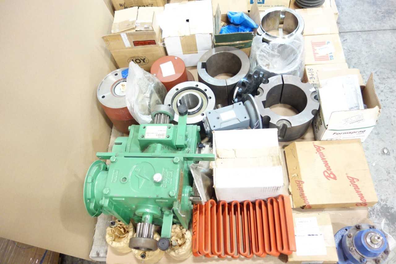 2 PALLETS OF ASSORTED GEAR REDUCERS, BRAKES AND CLUTCHES, BUSHINGS, CHAIN SPROCKETS- SKF, FALK, TB WOODS, BROWNING - GEAR REDUCERS