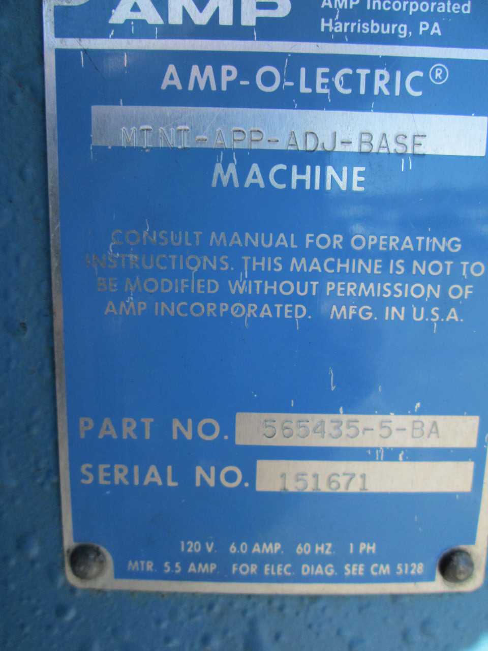 AMP Amp-O-Lectric K Press  Wire Terminating Crimper Machine - PROCESS EQUIPMENT