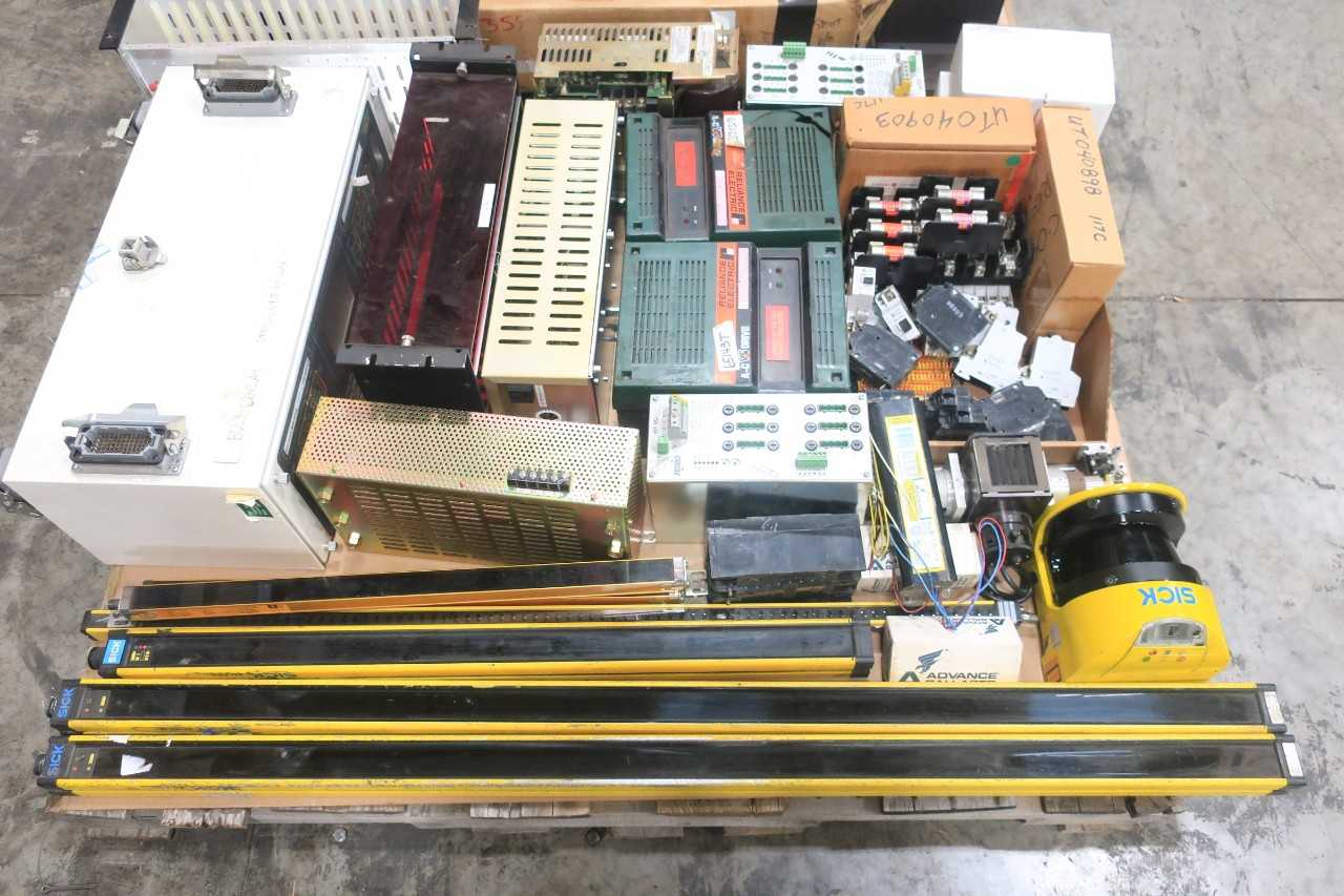 2 PALLETS OF ASSORTED ELECTRICAL LIGHT CURTAINS, CABLE-WIRE CONTROLS, LASER SCANNER, MOTOR DRIVE, SERVO DRIVE, CHASSIS RACK- SICK, LEONI, RELIANCE, ABB, YASKAWA, OMRON, FIBER OPTIONS - MOTOR DRIVES