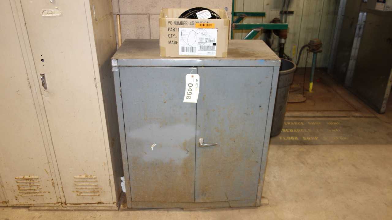 CABINET W/ ASSORTED SHOP SUPPLIES, PPE, HOSE NOZZLE ENDS, LIGHTBULBS - INDUSTRIAL PARTS