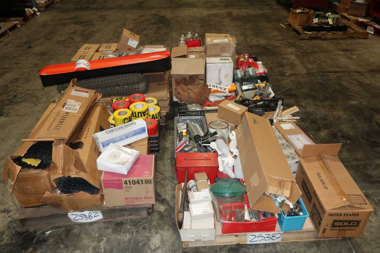 4 PALLETS OF ASSORTED TOOLS SHEILDS LIGHTS MATS TAPE HAND TOOLS LUBRICANTS GLOVES - ELECTRIC POWER TOOLS