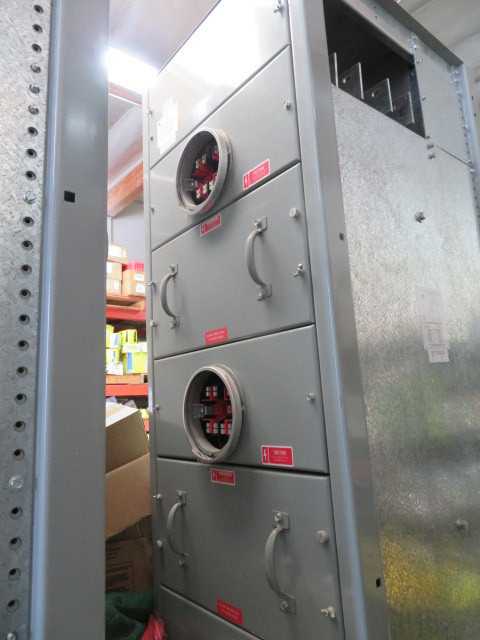 NEW IEM Switchboard, w/4 meters, 208/120/3/ 4 wire, 600 amp, with (1) matching pole box in (2) meter sections – 600 AMP Breaker - CIRCUIT BREAKERS