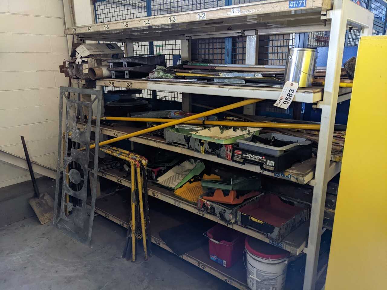 RACK WITH ASSORTED CONTENTS, PAINTING SUPPLIES - SHELVING