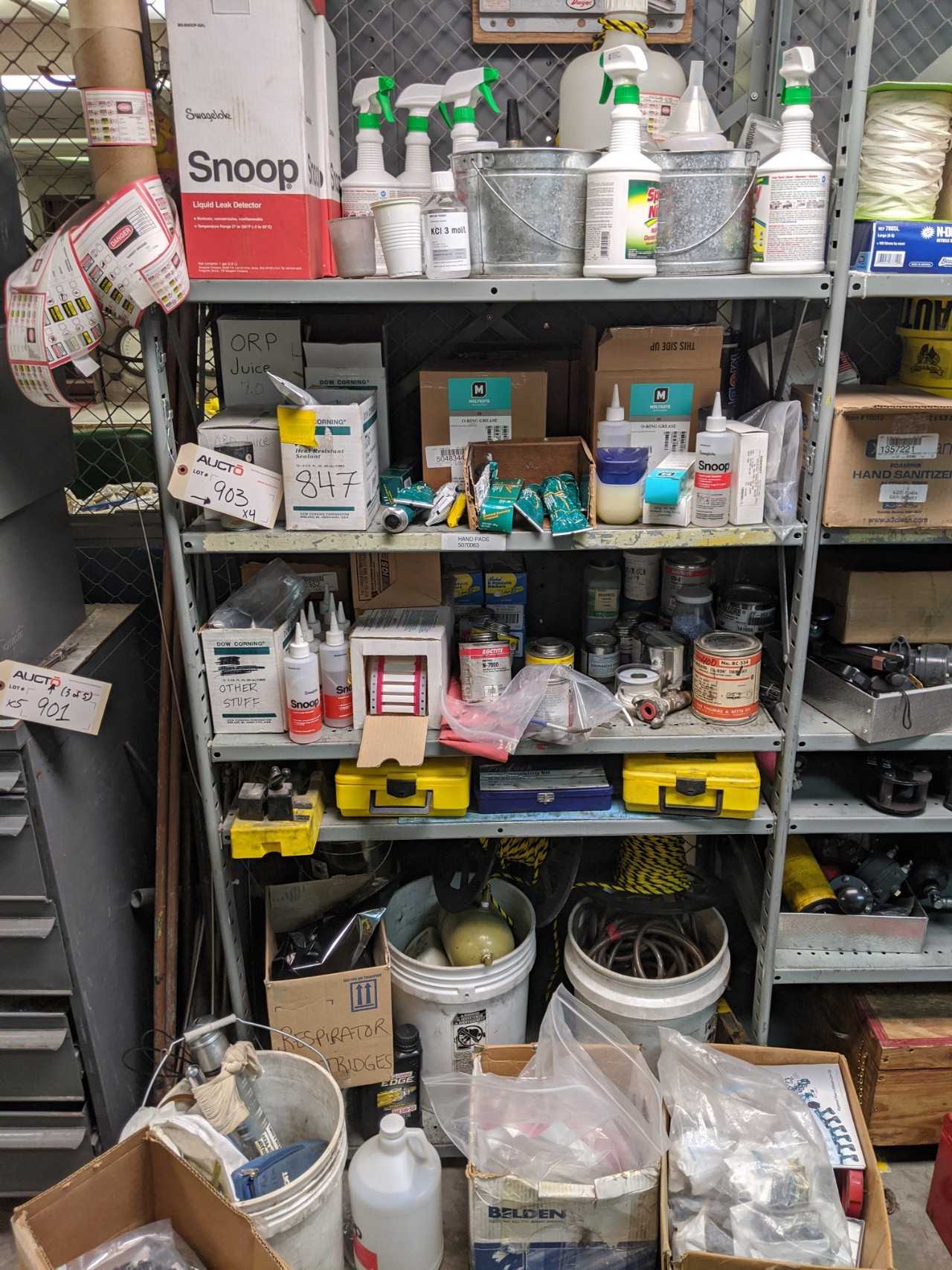 Lot of 4 Shelving Contents with Contents of Wall - Extension Cables, Lighting, PPE, Cleaning Supplies, Tools, Connectors - INDUSTRIAL PARTS