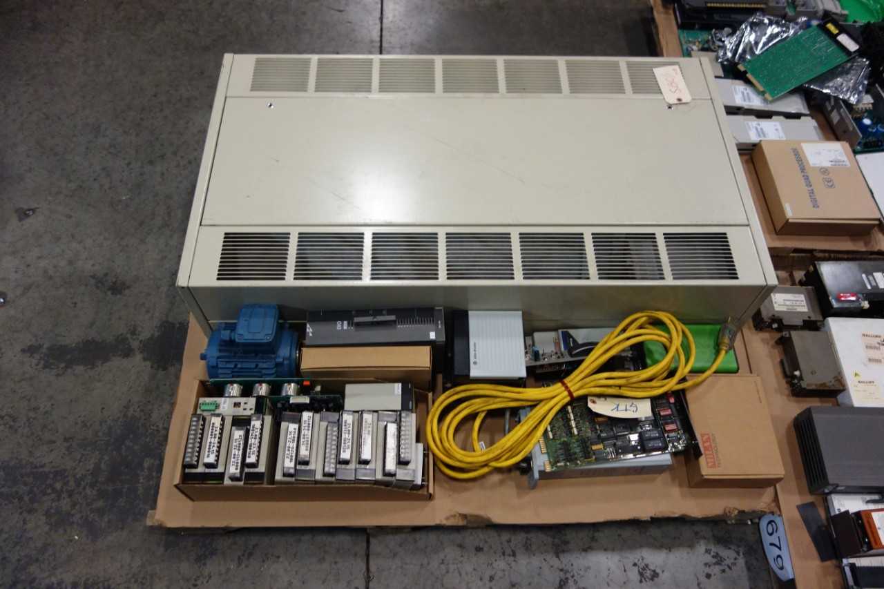 3 PALLETS OF ASSORTED ELETRICAL - PROCESSOR, INPUT MODULES, ANALOGS, POWER UNITS, CIRUIT BOARDS, HEATING UNIT,MOTOR - MITSUBISHI, ALLEN BRADLEY, GENERAL ELECTRIC, OMRON, NEW MILAN - AUTOMATION & CONTROLS