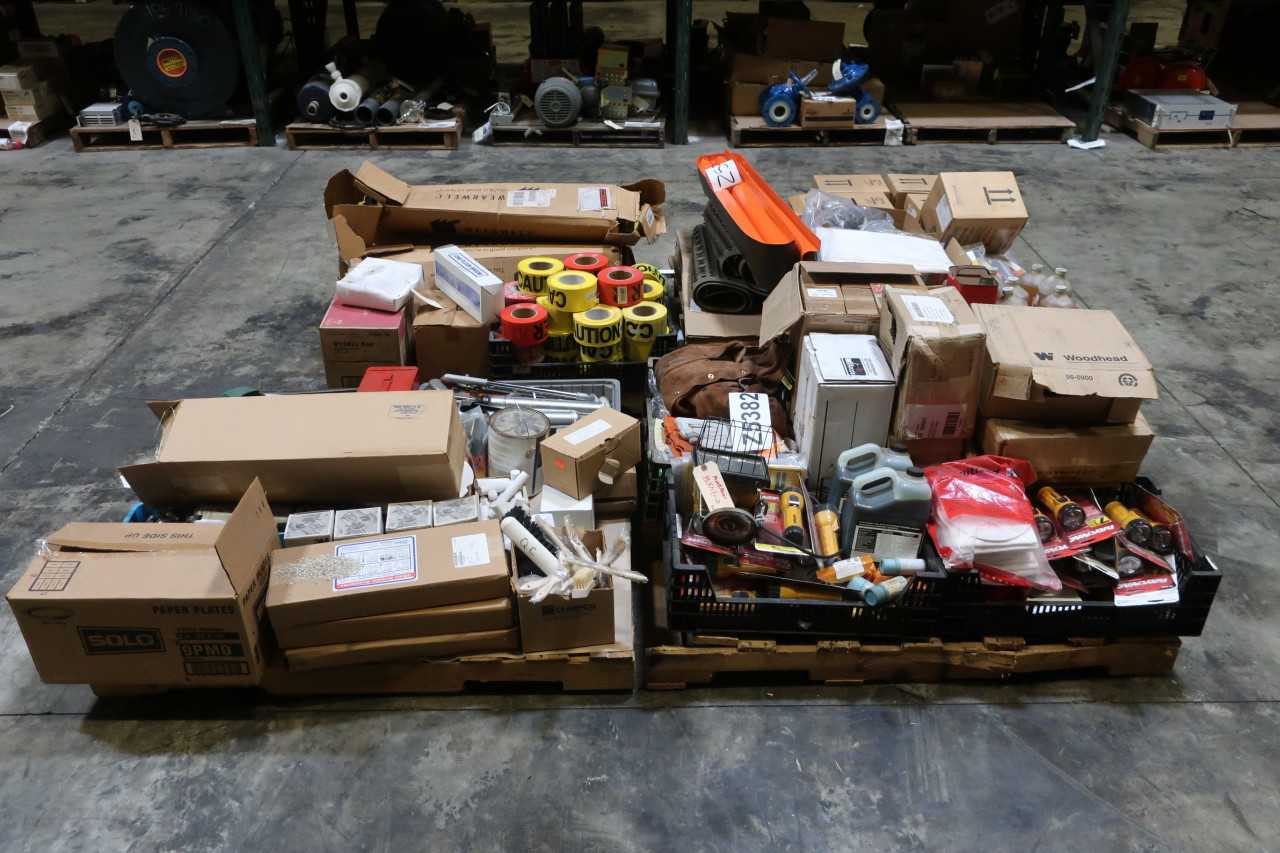4 PALLETS OF ASSORTED TOOLS SHEILDS LIGHTS MATS TAPE HAND TOOLS LUBRICANTS GLOVES - ELECTRIC POWER TOOLS