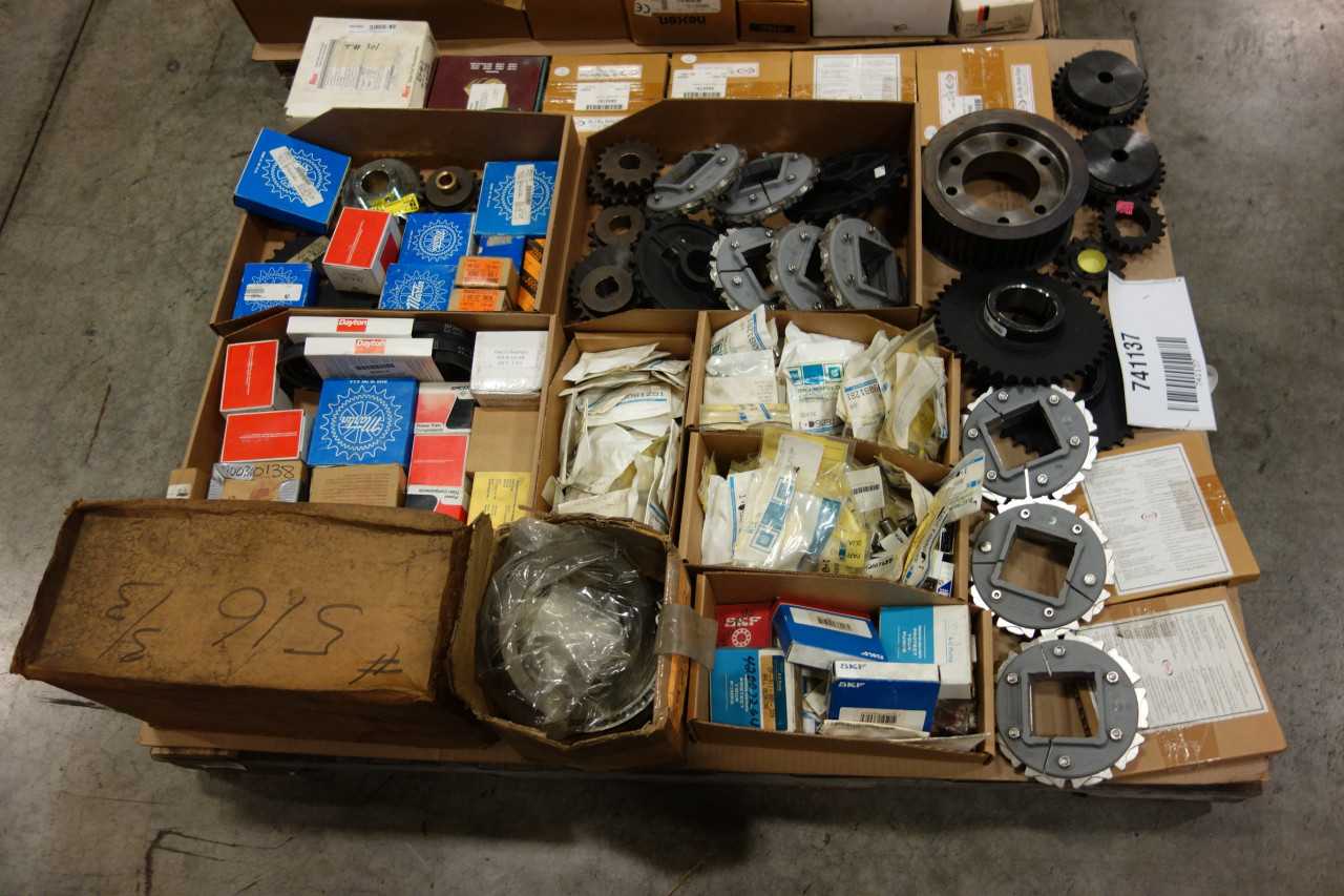 2 PALLETS OF ASSORTED BEARINGS, COUPLINGS, SPROCKETS- DODGE, MARTIN, BROWNING - BEARINGS
