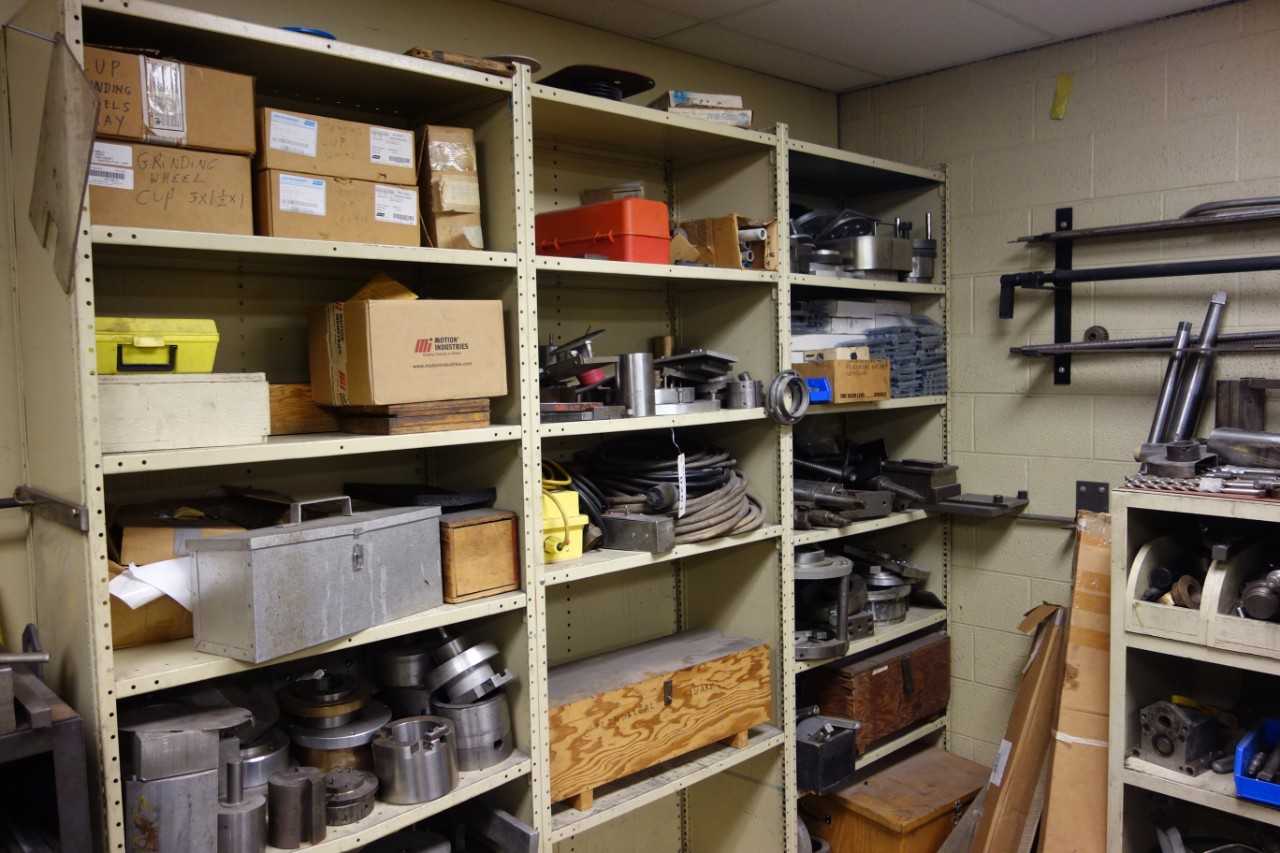Lot of 4 sections steel shelving with machining tools/supplies - SHELVING