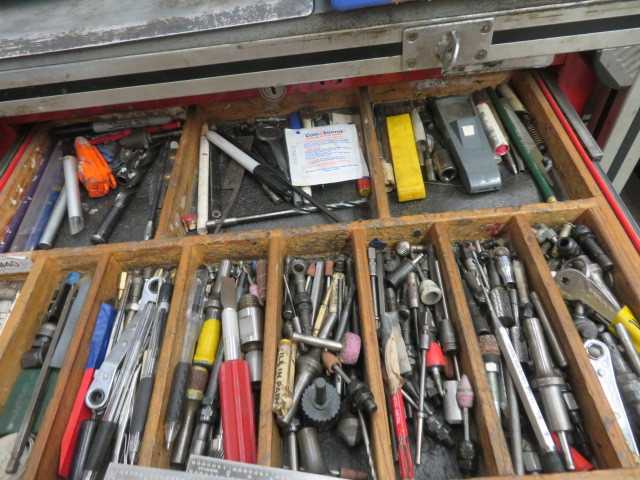 (2) 7 Drawer Snap on Tool Cabinets, with Aluminum Table on Wheels and Contents - MISCELLANEOUS