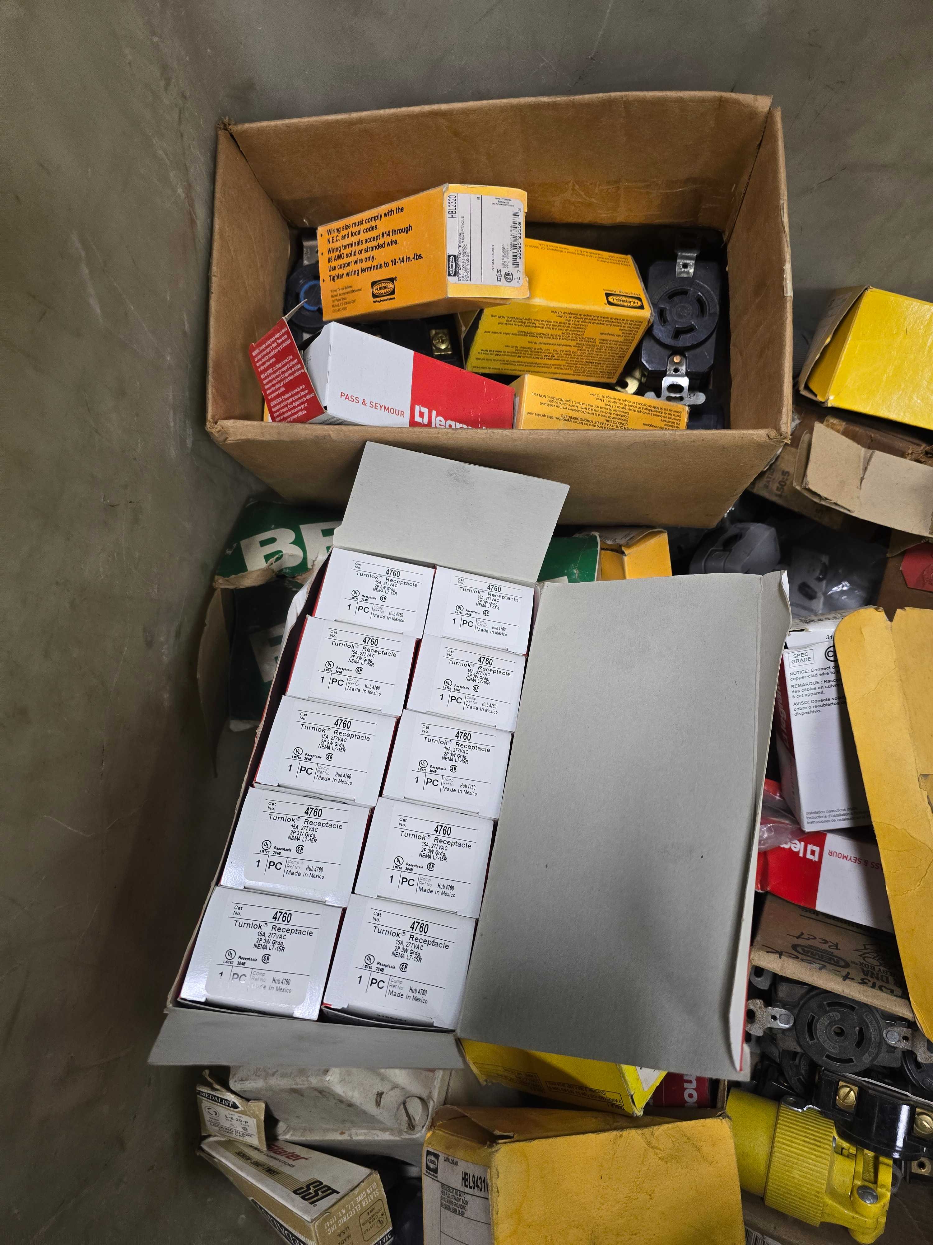LARGE PLASTIC BIN OF PLUGS & RECEPTACLES - HUBBELL, LEGRAND, RUSSELL STOLL, ARROW HART, ETC. - PLUGS & RECEPTACLES