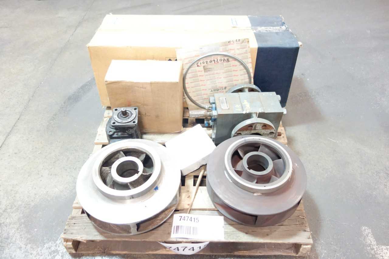 1 PALLET OF ASSORTED PUMP REPLACEMENT PARTS & ACCESSORIES, GEAR PUMPS- GRUNDFOS, FLOWSERVE, COMMERCIAL HYDRAULICS - PUMPS