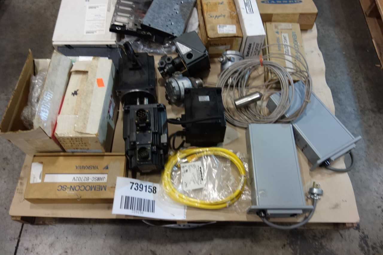 1 PALLET OF ASSORTED ELECTRICAL-SERVO MOTORS, MODULES, SENSORS- YASKAWA, SELCOM - SERVO