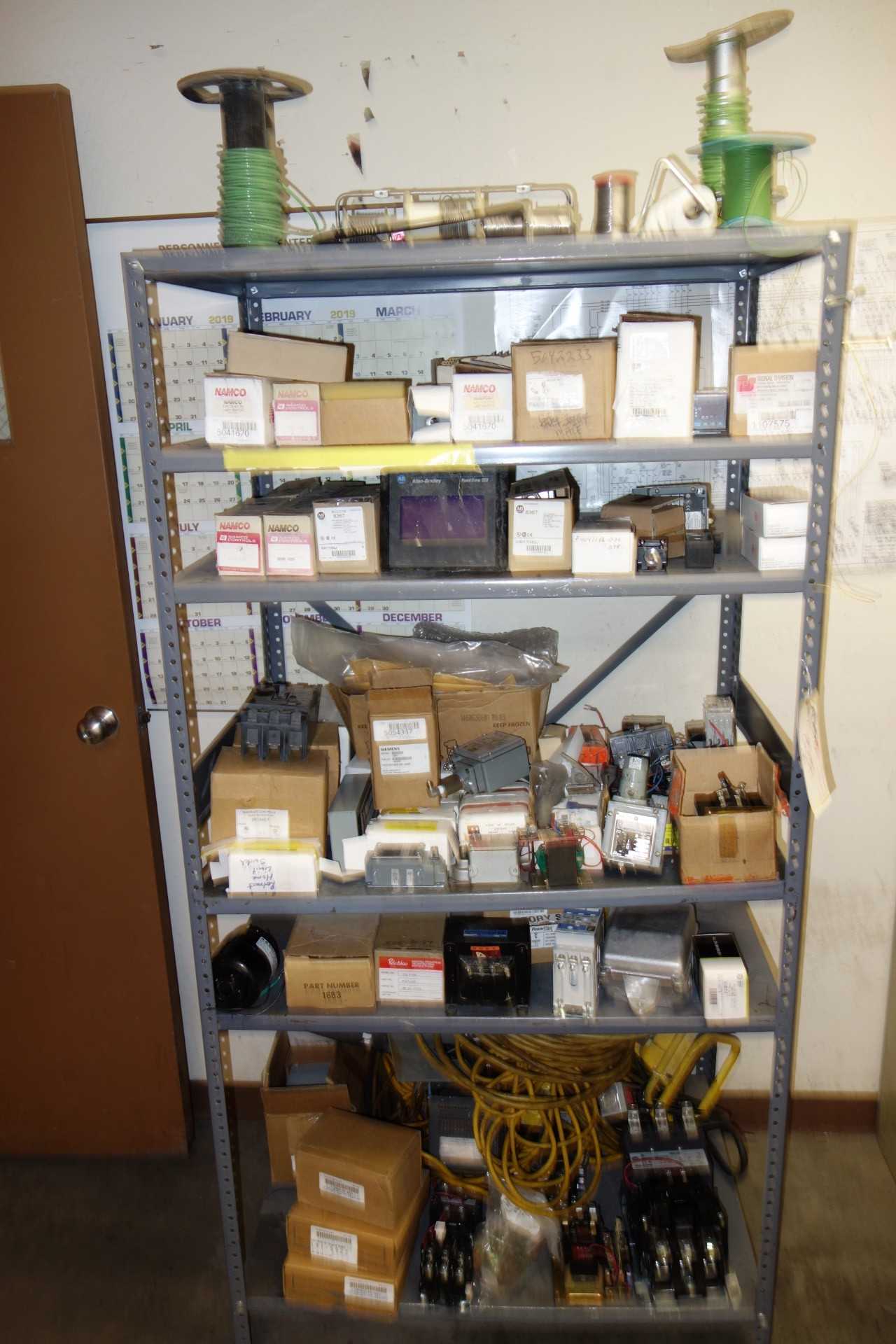 Lot of 2 Shelving Sections, Contents Only - Assorted Electrical Switches, Breakers, Starters, Controls, Circuit Boards, Transformers - ELECTRICAL COMPONENTS