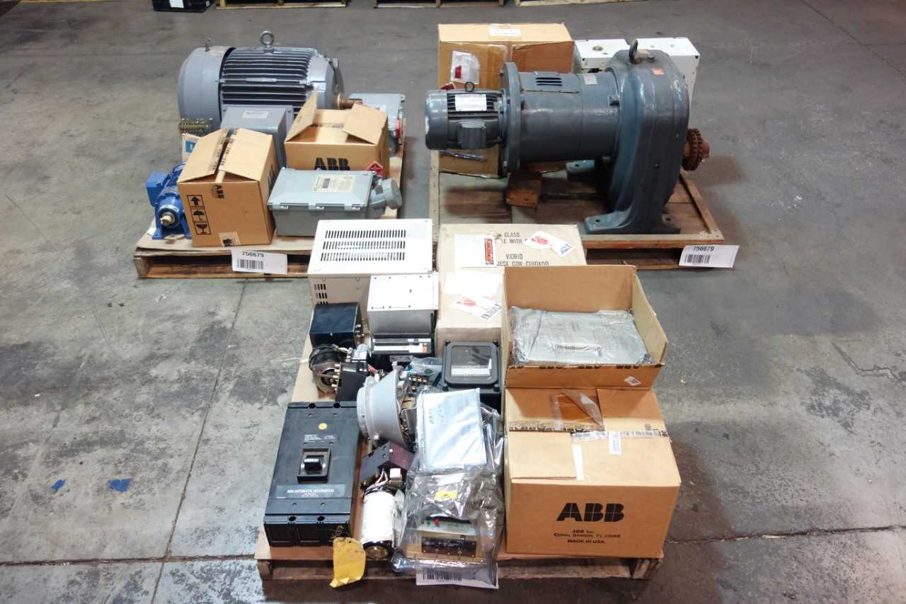 3 PALLETS OF ASSORTED ELECTRICAL, SWITCH GEAR, POWER SUPPLY, CONTROLS, AC MOTOR, GEAR MOTORS - ELECTRICAL COMPONENTS