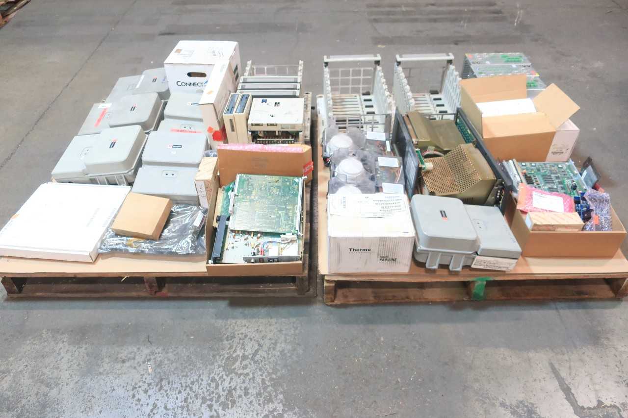 2 PALLETS OF ASSORTED ELECTRICAL MODULE, ALARM SENSOR, SERVO DRIVE, CABLE-WIRE CONTROLS, CHASSIS RACK, OPERATOR INTERFACE PANEL, CIRCUIT BOARDS- SIMPLEX, MITSUBISHI, YASKAWA, AEG MODICON, GEHRING - AUTOMATION & CONTROLS
