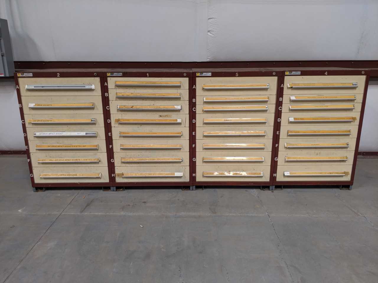 4 STANLEY VIDMAR CABINETS WITH CONTENTS - HEX SOCKETS, IMPACT SOCKETS, WRENCHES, VICE GRIPS, HOLE SAWS, WELDING ACCESSORIES - TOOL STORAGE