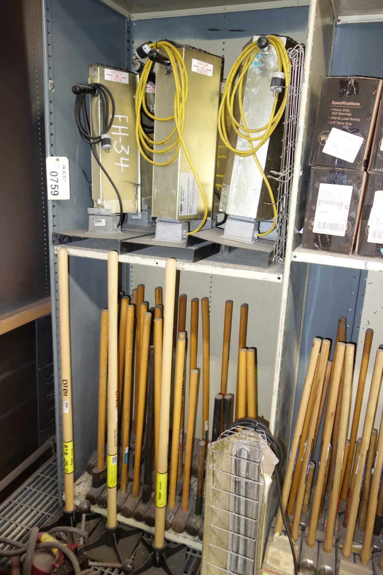 Contents of 4x shelving - portable heaters, hammers, tires, tool boxes - SHELVING