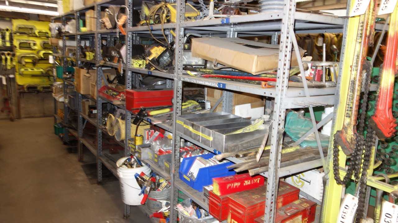 CONTENTS OF 6 SHELVING SECTIONS ASSORTED LIGHTING HEATERS CLAMPS PLUGS DRILL BITS AND FLANGES - INDUSTRIAL PARTS