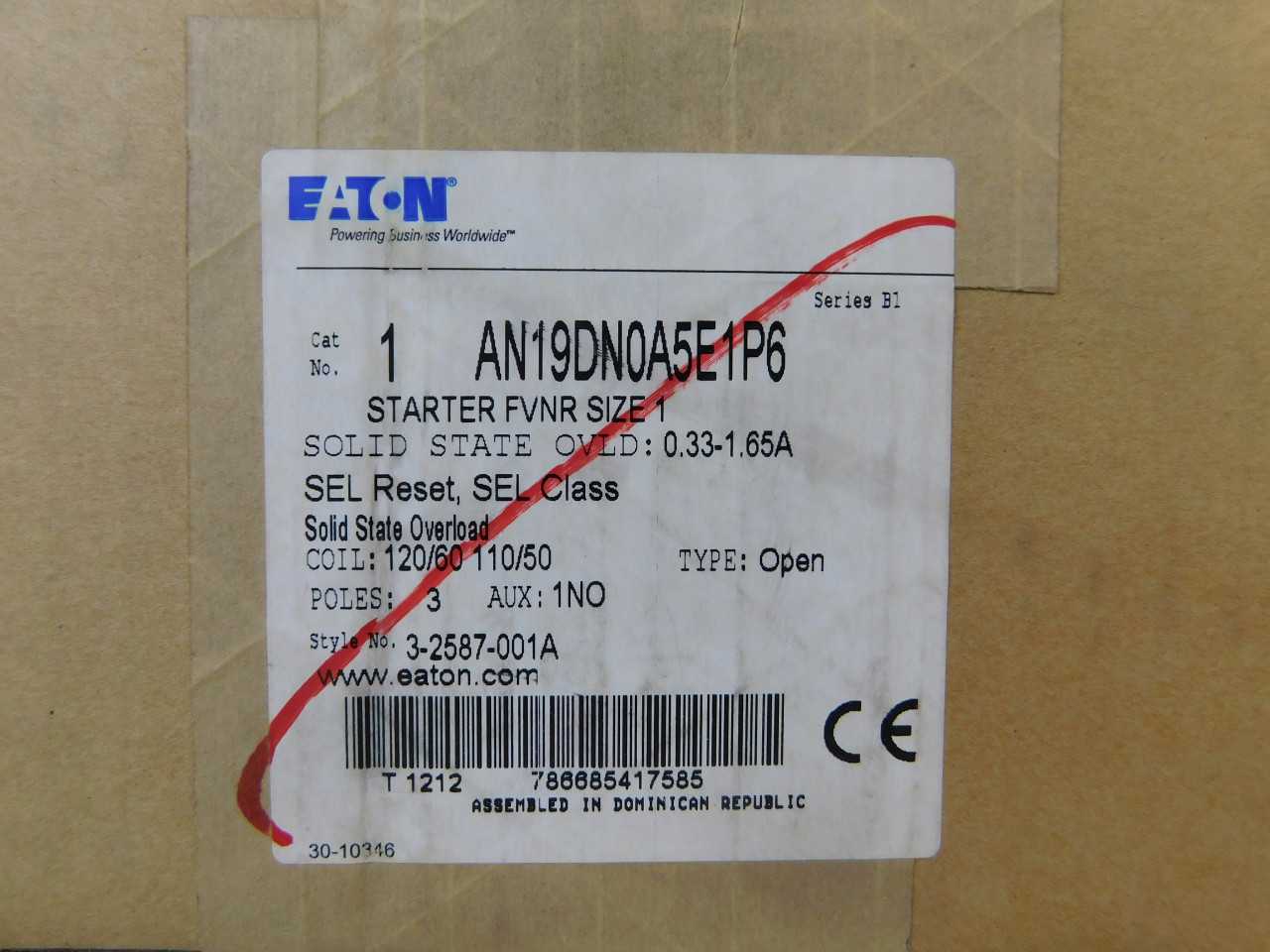 Quantity of 1 New Surplus Eaton AN19DN0A5E1P6 Starter Non-Reversing 3P 27A 120V 3 Ph 10 HP - MOTOR STARTERS