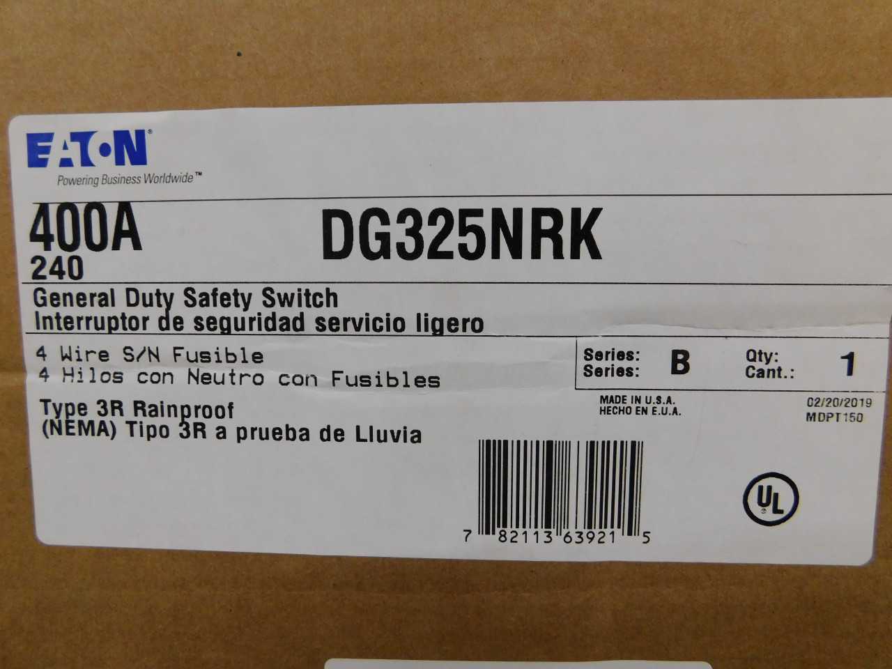 Quantity of 1 New Surplus Eaton DG325NRK Safety Switch 3P 400A 240V Fusible w/ Neutral NEMA 3R - ELECTRICAL COMPONENTS Quantity of 1 New Surplus Eaton DG325NRK Safety Switch 3P 400A 240V Fusible w/ Neutral NEMA 3R - ELECTRICAL COMPONENTS