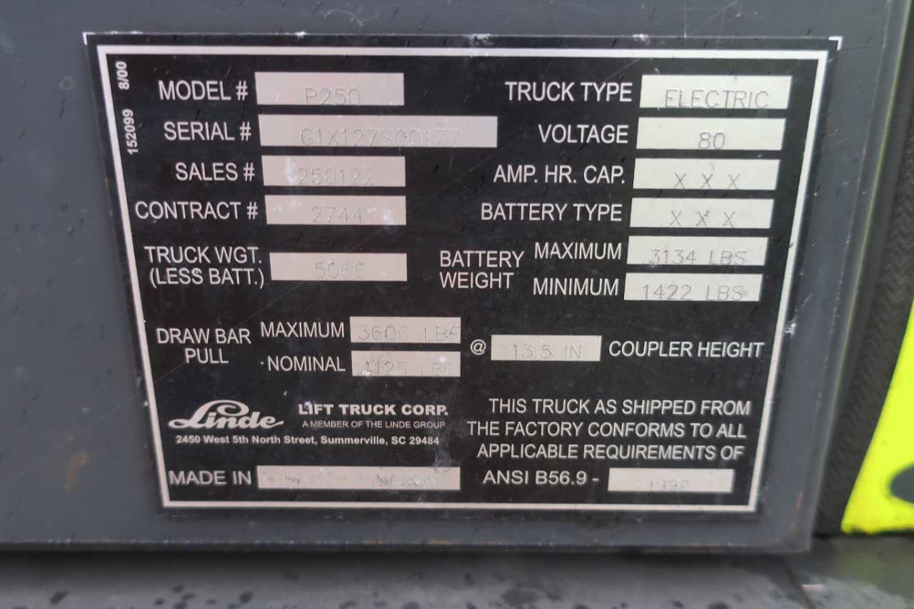 LINDE P250 80V ELECTRIC LOAD TRANSPORTER W/O BATTERY - ELECTRICAL COMPONENTS
