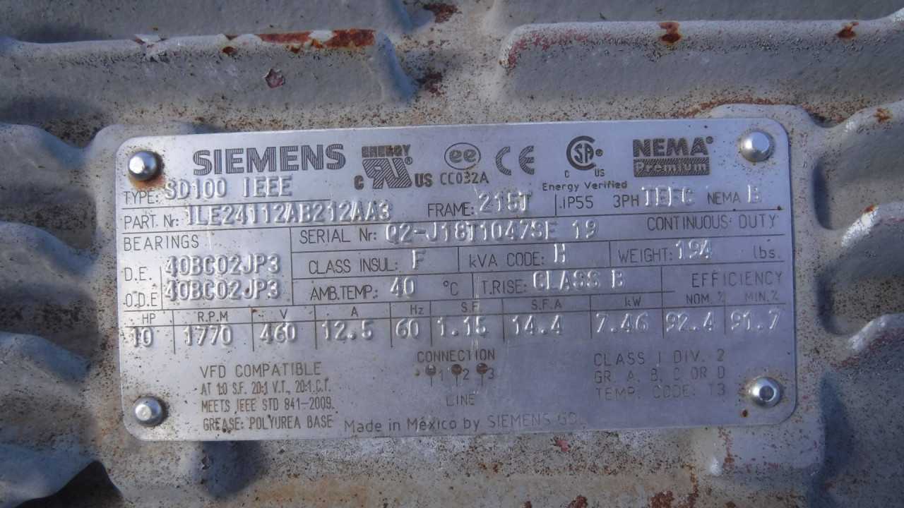 10 HP 1800 RPM 215T Frame Siemens Motor - ELECTRIC MOTORS