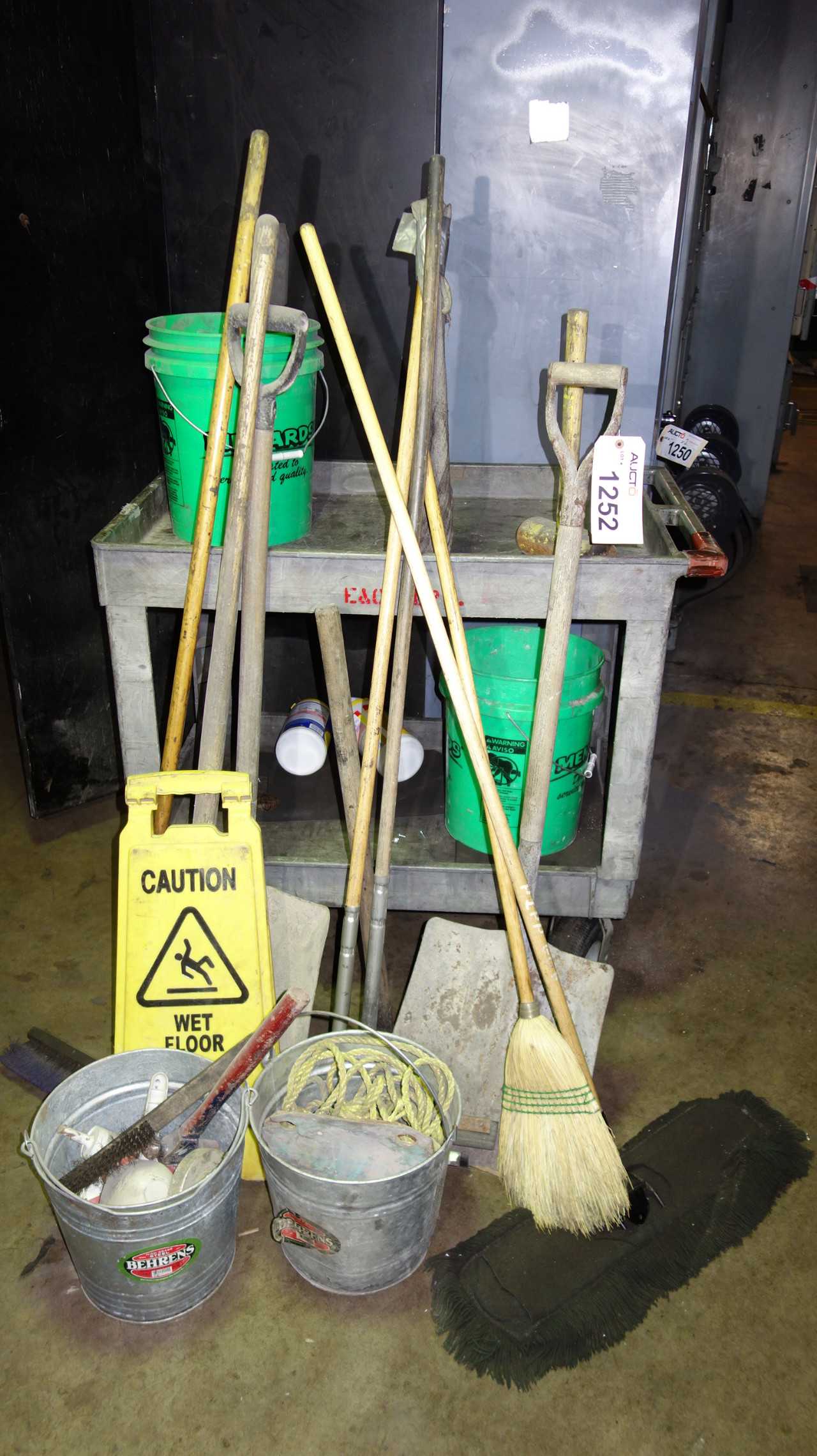 LOT OF ASSORTED BROOMS, SHOVELS, CLEANING SUPPLIES - PLANT & FACILITY