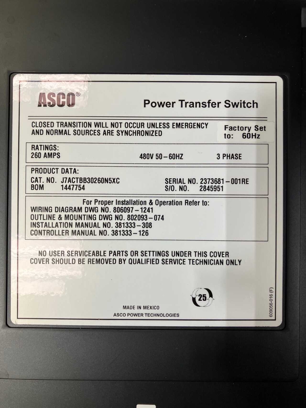 2021 ASCO 260A 480V Transfer Switch - ELECTRICAL COMPONENTS
