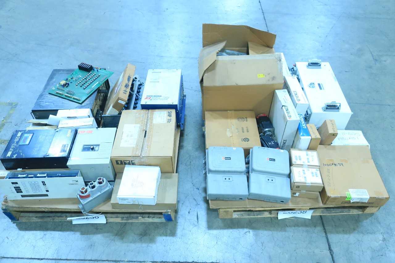 2 PALLETS OF ASSORTED ELECTRICAL SERVO MOTOR, CABLE-WIRE CONTROLS, OPERATOR INTERFACE PANEL, DIRECTOR SENSOR, PRESSURE SWITCH, MODULES, PILOT LIGHT, MOTOR DRIVE- WESTINGHOUSE, FANUC, MYDAX, PDMA, TEKLOGIX, OMRON, APTEC, CROUSE HINDS, DWYER, FUJI ELECTRIC - AUTOMATION & CONTROLS