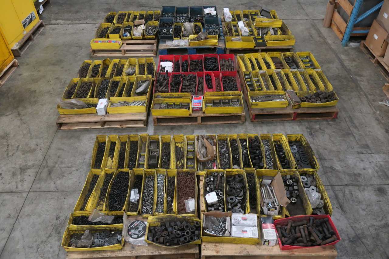 8 PALLETS OF ASSORTED HARDWARE NUTS BOLTS SCREW CLAMPS - MISCELLANEOUS