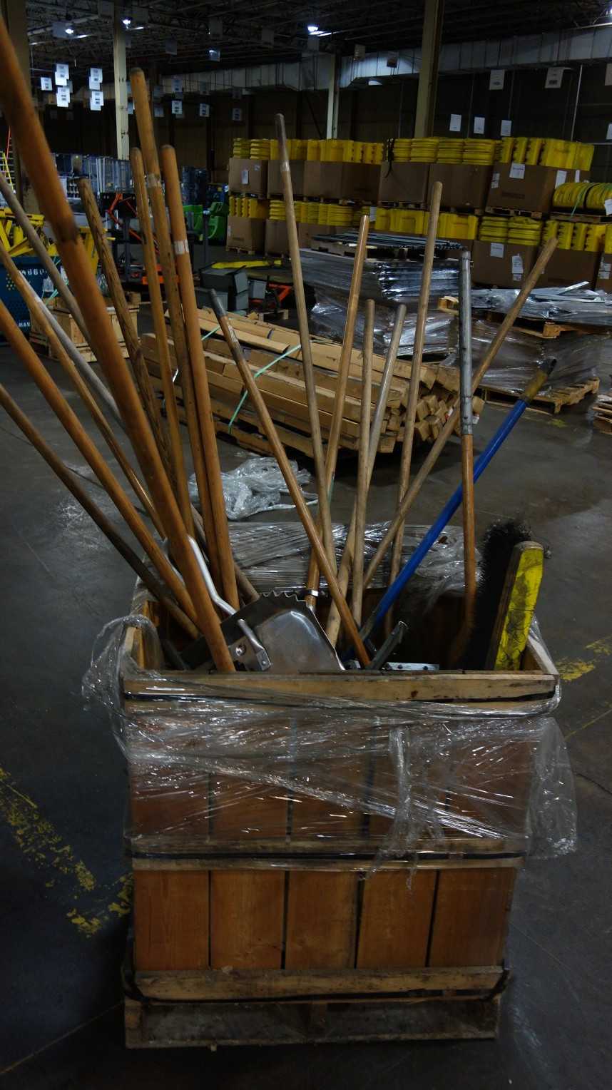 1 CRATE OF ASSORTED BROOMS, SQUEEGEES, DUSTPANS - PLANT & FACILITY