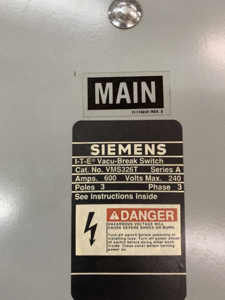 USED SIEMENS 600AMP I-T-E VACU-BREAK SWITCH VMS326T - AUTOMATION & CONTROLS
