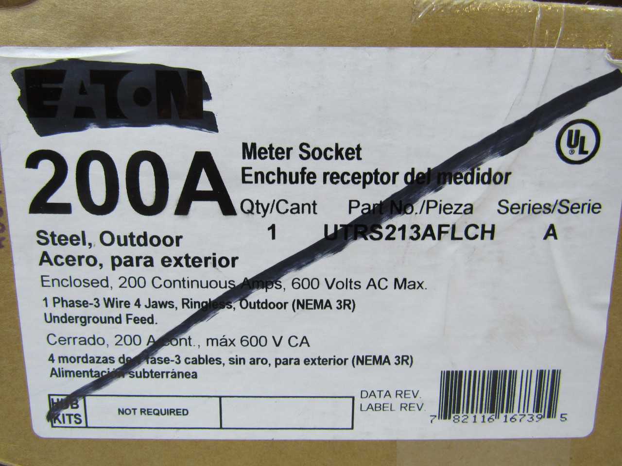 Quantity of 2 New Surplus Eaton UTRS213AFLCH Meter Socket 200A 600V 4 Jaws NEMA 3R - INDUSTRIAL PARTS