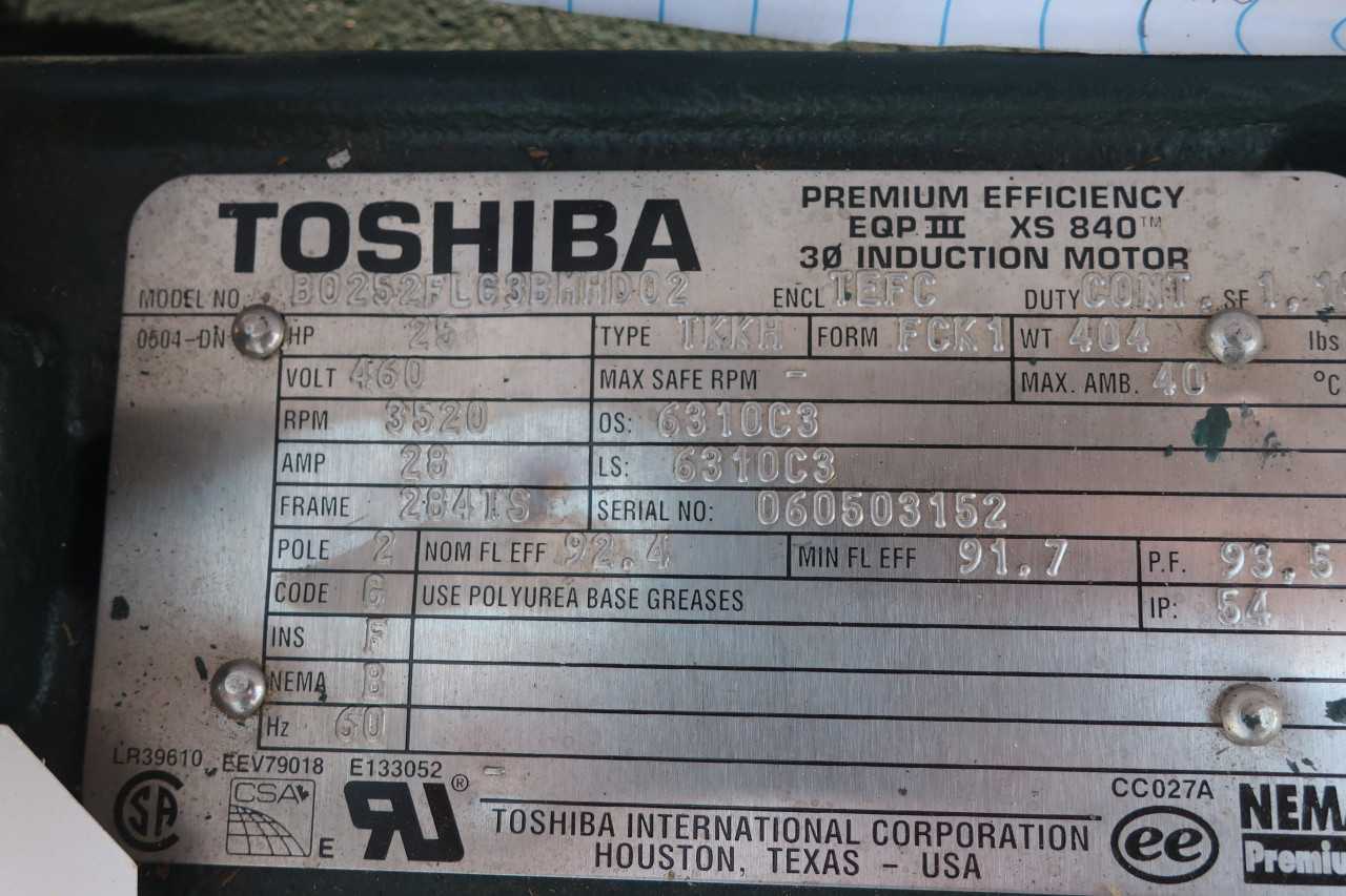 TOSHIBA B0252FL63BMHD02 MOTOR 25HP 460V 3520RPM 284TS 2P - ELECTRIC MOTORS