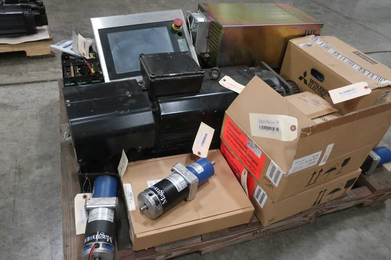 1 PALLET OF ASSORTED ELECTRICAL NIKON CONTROLLER MODULES, SERVO AMP, SERVO MOTOR, POWER SUPPLY, SERVO DRIVE-YASKAWA, REXROTH, SANYO DENKI, MAGMOTOR, ABB, MITSUBISHI - SERVO