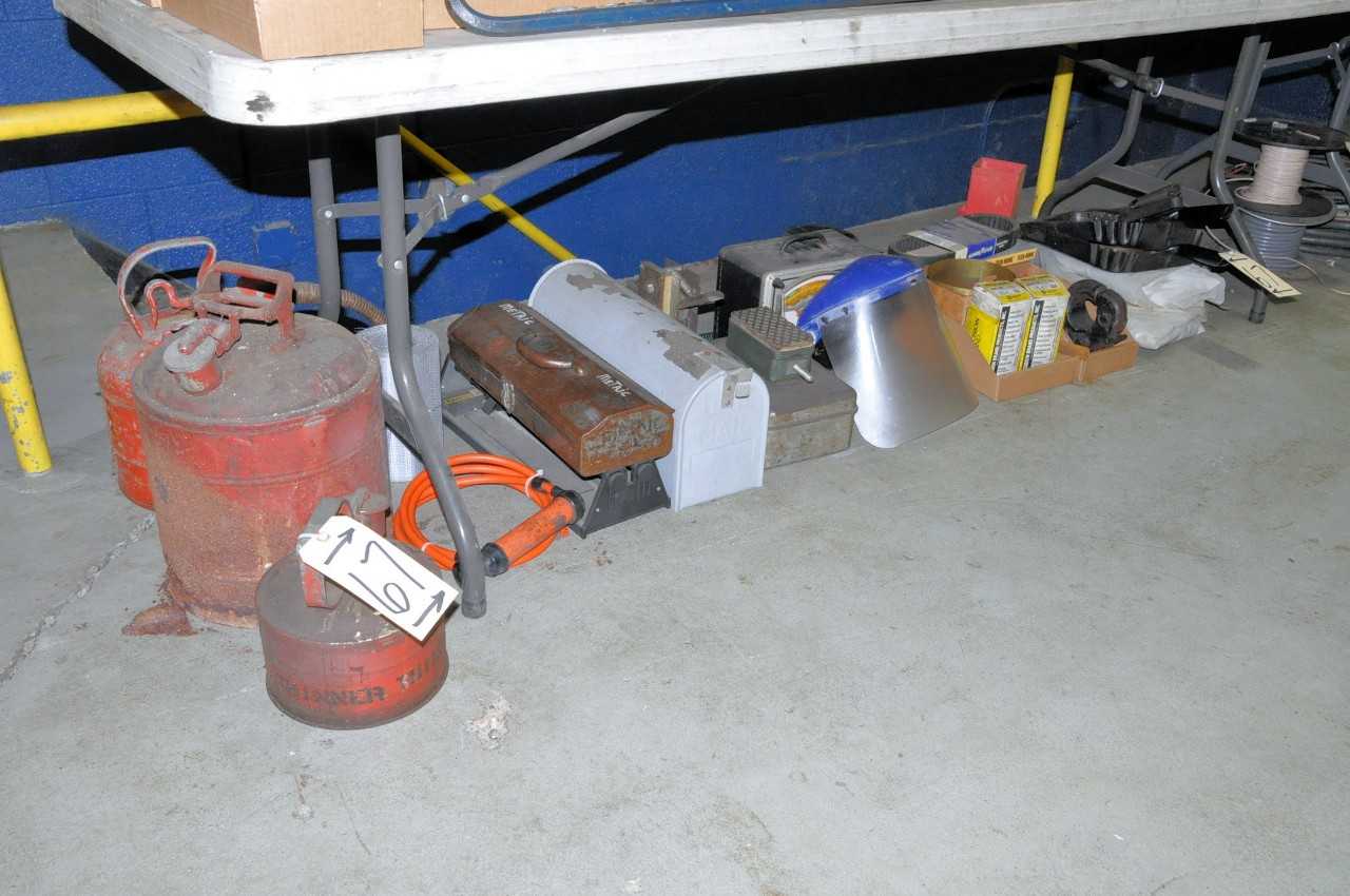 Solvent Cans Tool Box Dust Pans Shim Stock Flex Hone etc on Floor Under 1 Bench